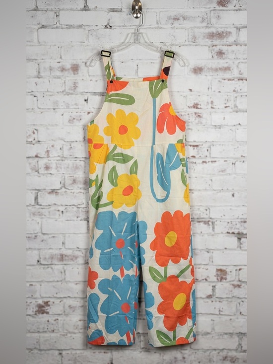 SHEIN Pants - SHEIN White Floral Wide-Leg Jumpsuit with Blue, Yellow & Coral Flowers
